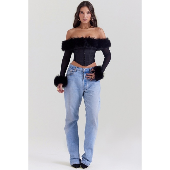 NEW House of CB Merle Faux Fur Trim Top Black XS - Picture 11 of 15